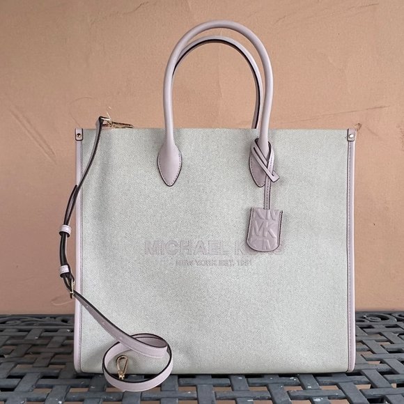 Michael Kors Mirella Large NS Canvas Tote Shoulder Satchel Bag Neutral Pink - Picture 1 of 10